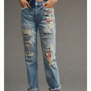Pilcro Boyfriend Jeans with Patchwork and Lace - Light Blue